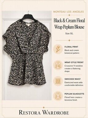 Monteau Black Cream Floral Wrap Peplum Blouse XL Romantic